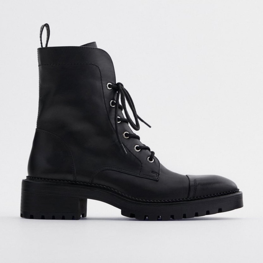 Zara Studded Low Heeled Leather Boots Size 37